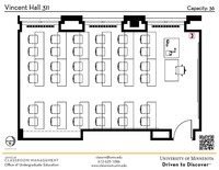 Plan view of the classroom that provides room capacity, seating locations and exits. A QR code links to room schedule and contact information is in the footer