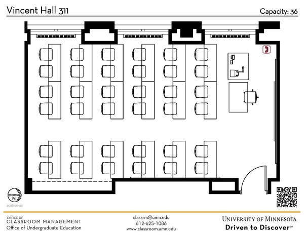 Plan view of the classroom that provides room capacity, seating locations and exits. A QR code links to room schedule and contact information is in the footer