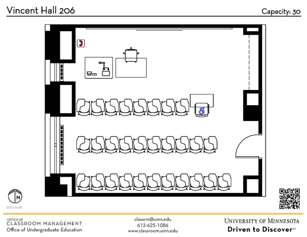 Plan view of the classroom that provides room capacity, seating locations and exits. A QR code links to room schedule and contact information is in the footer