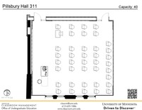 Plan view of the classroom that provides room capacity, seating locations and exits. A QR code links to room schedule and contact information is in the footer