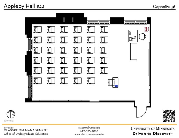 Plan view of the classroom that provides room capacity, seating locations and exits. A QR code links to room schedule and contact information is in the footer