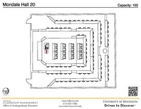 Plan view of the classroom that provides room capacity, seating locations and exits. A QR code links to room schedule and contact information is in the footer