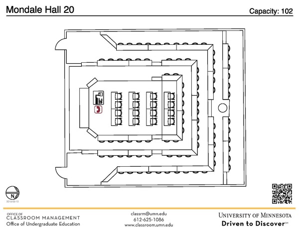 Plan view of the classroom that provides room capacity, seating locations and exits. A QR code links to room schedule and contact information is in the footer