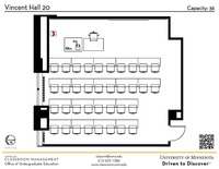 Plan view of the classroom that provides room capacity, seating locations and exits. A QR code links to room schedule and contact information is in the footer