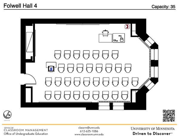 Plan view of the classroom that provides room capacity, seating locations and exits. A QR code links to room schedule and contact information is in the footer