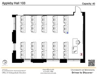 Plan view of the classroom that provides room capacity, seating locations and exits. A QR code links to room schedule and contact information is in the footer