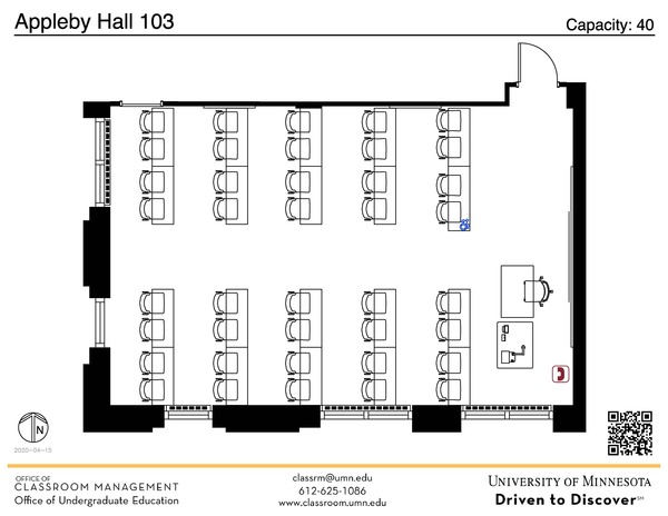 Plan view of the classroom that provides room capacity, seating locations and exits. A QR code links to room schedule and contact information is in the footer