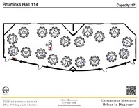 Plan view of the classroom that provides room capacity, seating locations and exits. A QR code links to room schedule and contact information is in the footer