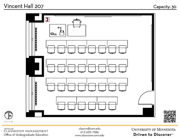 Plan view of the classroom that provides room capacity, seating locations and exits. A QR code links to room schedule and contact information is in the footer