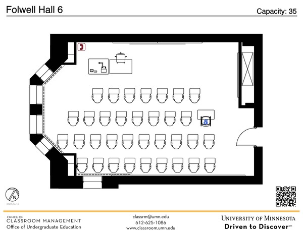 Plan view of the classroom that provides room capacity, seating locations and exits. A QR code links to room schedule and contact information is in the footer