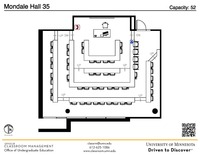 Plan view of the classroom that provides room capacity, seating locations and exits. A QR code links to room schedule and contact information is in the footer