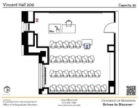 Plan view of the classroom that provides room capacity, seating locations and exits. A QR code links to room schedule and contact information is in the footer