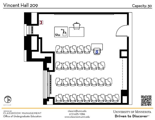 Plan view of the classroom that provides room capacity, seating locations and exits. A QR code links to room schedule and contact information is in the footer