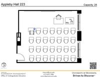 Plan view of the classroom that provides room capacity, seating locations and exits. A QR code links to room schedule and contact information is in the footer