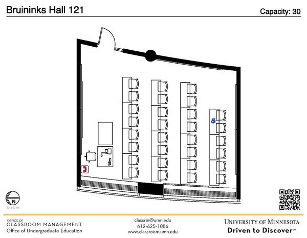 Plan view of the classroom that provides room capacity, seating locations and exits. A QR code links to room schedule and contact information is in the footer