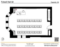 Plan view of the classroom that provides room capacity, seating locations and exits. A QR code links to room schedule and contact information is in the footer