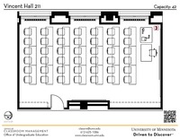 Plan view of the classroom that provides room capacity, seating locations and exits. A QR code links to room schedule and contact information is in the footer