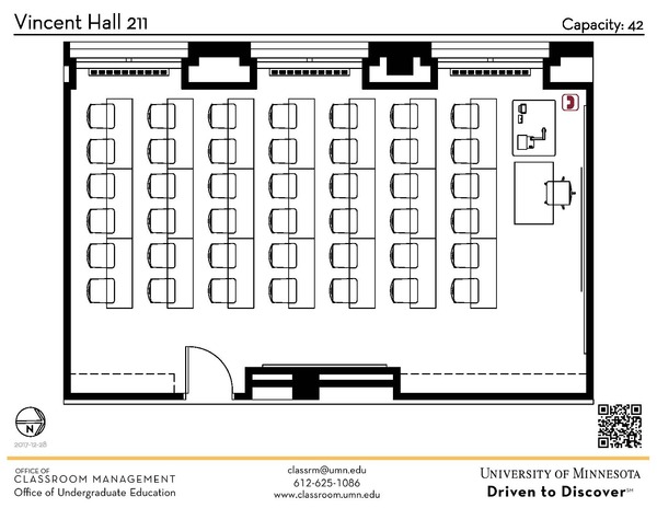 Plan view of the classroom that provides room capacity, seating locations and exits. A QR code links to room schedule and contact information is in the footer