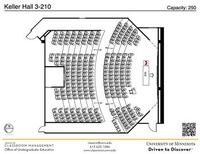 Plan view of the classroom that provides room capacity, seating locations and exits. A QR code links to room schedule and contact information is in the footer