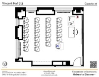 Plan view of the classroom that provides room capacity, seating locations and exits. A QR code links to room schedule and contact information is in the footer