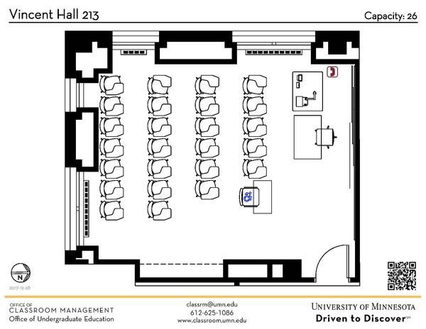 Plan view of the classroom that provides room capacity, seating locations and exits. A QR code links to room schedule and contact information is in the footer