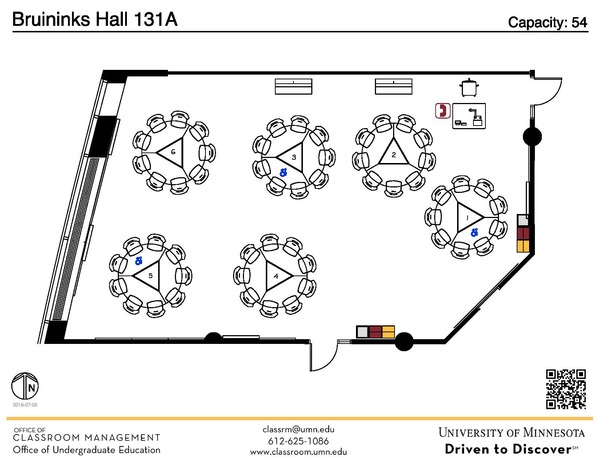 Plan view of the classroom that provides room capacity, seating locations and exits. A QR code links to room schedule and contact information is in the footer