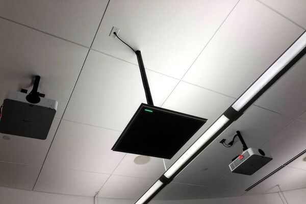 A 2¿ x 2¿ tile mounted to the ceiling to provide microphone coverage over student seating