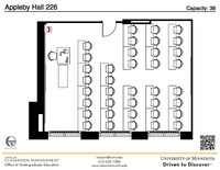 Plan view of the classroom that provides room capacity, seating locations and exits. A QR code links to room schedule and contact information is in the footer