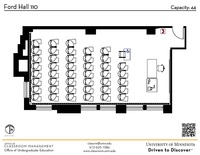 Plan view of the classroom that provides room capacity, seating locations and exits. A QR code links to room schedule and contact information is in the footer