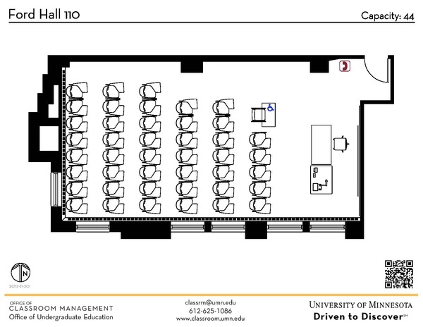 Plan view of the classroom that provides room capacity, seating locations and exits. A QR code links to room schedule and contact information is in the footer