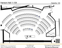 Plan view of the classroom that provides room capacity, seating locations and exits. A QR code links to room schedule and contact information is in the footer