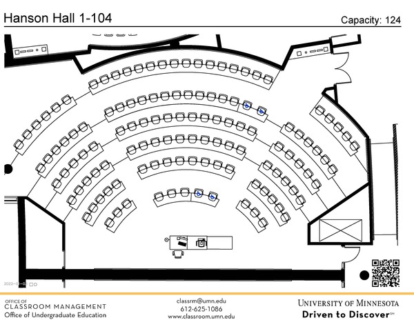 Plan view of the classroom that provides room capacity, seating locations and exits. A QR code links to room schedule and contact information is in the footer