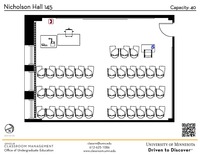 Plan view of the classroom that provides room capacity, seating locations and exits. A QR code links to room schedule and contact information is in the footer