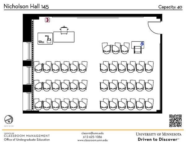 Plan view of the classroom that provides room capacity, seating locations and exits. A QR code links to room schedule and contact information is in the footer