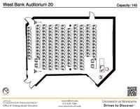 Plan view of the classroom that provides room capacity, seating locations and exits. A QR code links to room schedule and contact information is in the footer