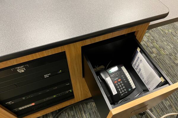 Pedestal - inside view of drawer showing telephone