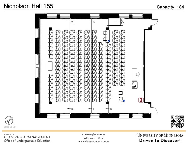 Plan view of the classroom that provides room capacity, seating locations and exits. A QR code links to room schedule and contact information is in the footer