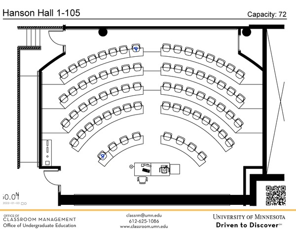 Plan view of the classroom that provides room capacity, seating locations and exits. A QR code links to room schedule and contact information is in the footer