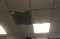 White 2¿ x 2¿ tile mounted in the ceiling to provide microphone coverage over student seating