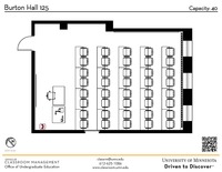 Plan view of the classroom that provides room capacity, seating locations and exits. A QR code links to room schedule and contact information is in the footer