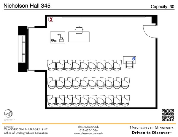 Plan view of the classroom that provides room capacity, seating locations and exits. A QR code links to room schedule and contact information is in the footer