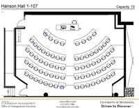 Plan view of the classroom that provides room capacity, seating locations and exits. A QR code links to room schedule and contact information is in the footer