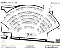 Plan view of the classroom that provides room capacity, seating locations and exits. A QR code links to room schedule and contact information is in the footer