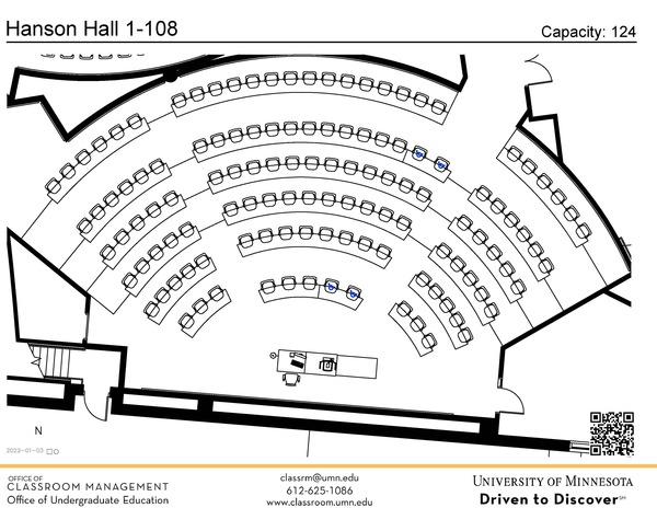 Plan view of the classroom that provides room capacity, seating locations and exits. A QR code links to room schedule and contact information is in the footer