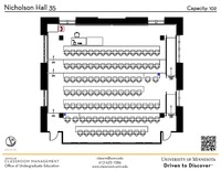 Plan view of the classroom that provides room capacity, seating locations and exits. A QR code links to room schedule and contact information is in the footer