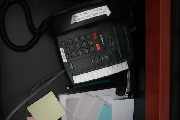 Pedestal - inside view of drawer showing telephone