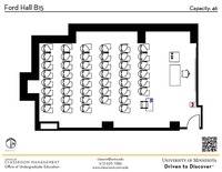 Plan view of the classroom that provides room capacity, seating locations and exits. A QR code links to room schedule and contact information is in the footer