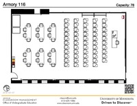 Plan view of the classroom that provides room capacity, seating locations and exits. A QR code links to room schedule and contact information is in the footer