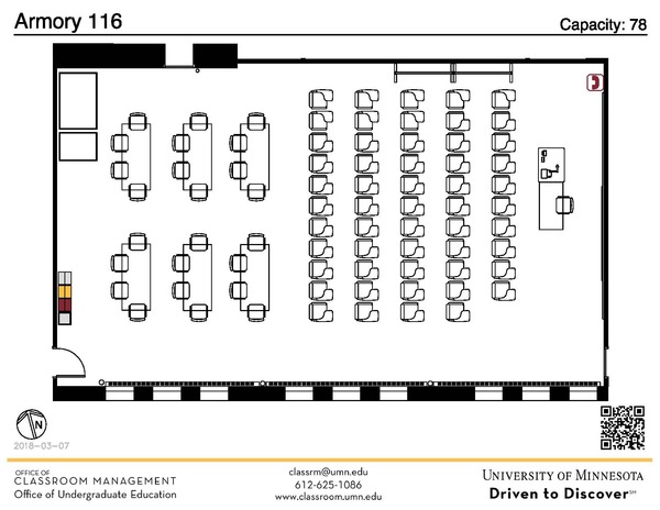 Plan view of the classroom that provides room capacity, seating locations and exits. A QR code links to room schedule and contact information is in the footer