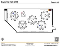 Plan view of the classroom that provides room capacity, seating locations and exits. A QR code links to room schedule and contact information is in the footer